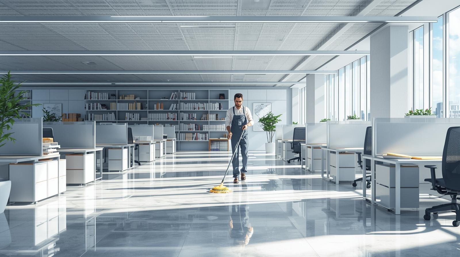 A professional cleaning service meticulously cleaning a modern office space in Berlin, showcasing a bright and tidy environment with organized workspaces and gleaming surfaces, digital art (3)
